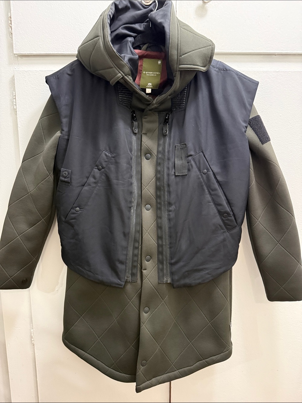 G-Star Quilted Olive Green Coat with Detachable Black Vest